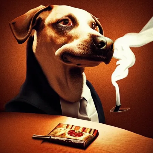 Image similar to a dog wearing a business suit smoking a cigar, dramatic lighting, cinematic, establishing shot, extremly high detail, photorealistic, cinematic lighting, concept art, artstation, style by greg rutkowsky