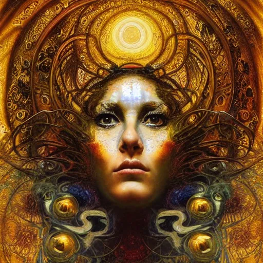 Image similar to Divine Chaos Engine by Karol Bak, Jean Deville, Gustav Klimt, and Vincent Van Gogh, beautiful visionary mystical portrait, sacred, otherworldly, fractal structures, Surreality, SpiralDee, ornate gilded medieval icon, third eye, spirals