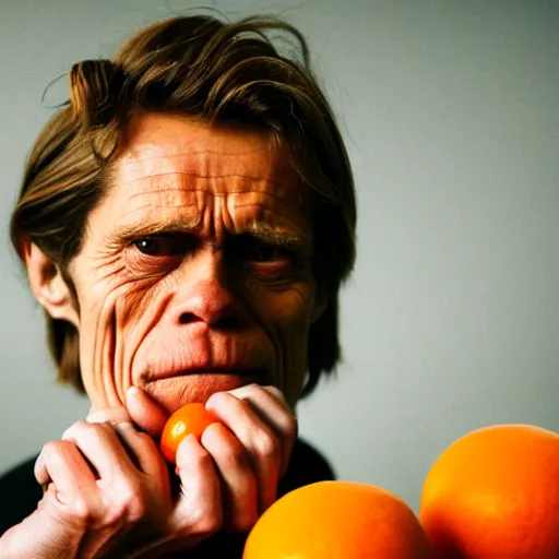 Image similar to Willem Dafoe in a sweater, with a confused face holding oranges on two outstretched hands, against the background of a retro car, focus on the foreground, realism, details,