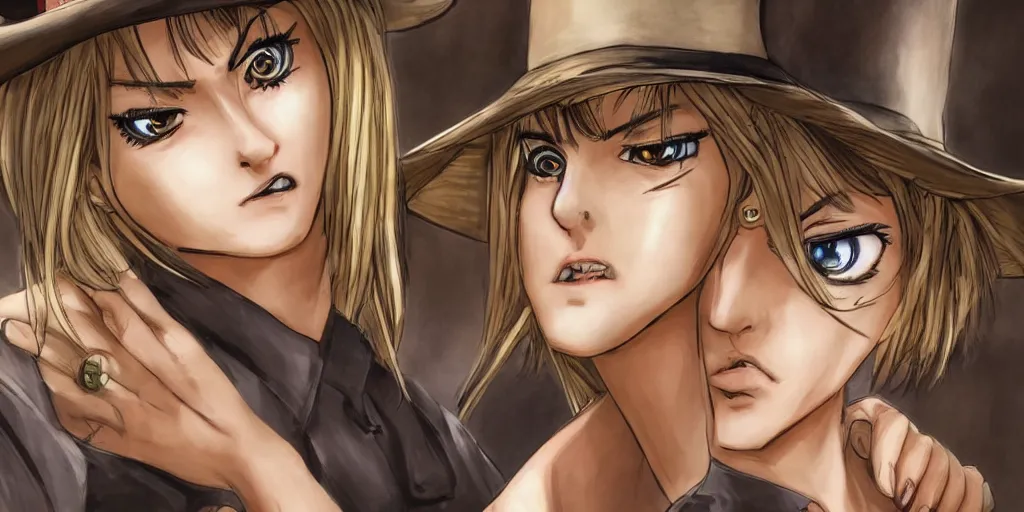 Image similar to portrait, complexity, global lighting, detail, ultra sharpness, beautiful female sheriff body from games yoshihiro togashi style, big eyes, plump lips, a gunshot, global lighting, western saloon theme, detailed faces, blank faces, style yoshihiro togashi style.