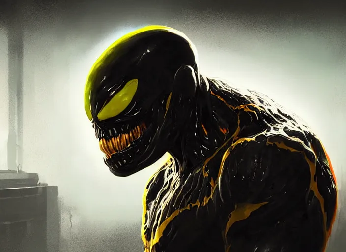 Prompt: venom fused with deadshot yellow eye, ultra realistic digital painting by greg rutkowski with ray tracing bloom ambient occlusion strong reflections depth of field fog