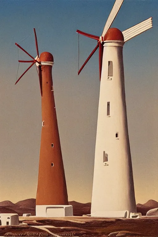 Prompt: painting of the windmills in mykonos painted by Chesley Bonestell