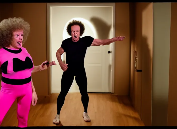 Image similar to a scene from a 2 0 2 2 s black phone, richard simmons is in spandex ringing a doorbell, grindhouse, folk horror, hauntology, 8 k, 8 5 mm f 1. 8, studio lighting, rim light, right side key light