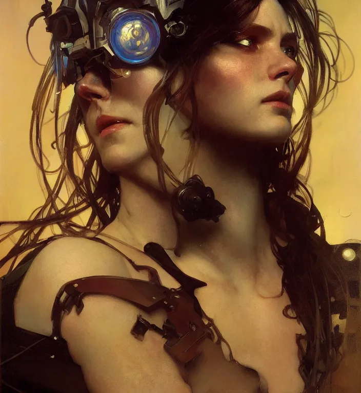 Image similar to hyperrealist portrait of lady terminator. by jeremy mann and alphonse mucha, seductive fantasy art, photo - realistic, dynamic lighting, artstation, poster, volumetric lighting, very detailed faces, 8 k, award - winning, golden hour