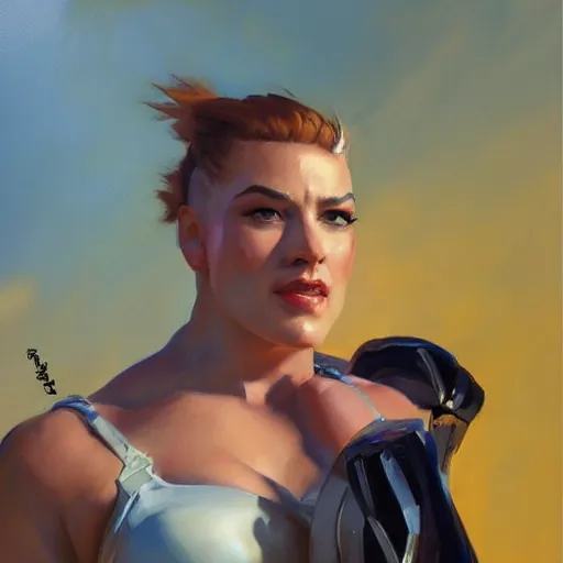 Prompt: greg manchess portrait painting zarya from overwatch, medium shot, asymmetrical, profile picture, organic painting, sunny day, matte painting, bold shapes, hard edges, street art, trending on artstation, by huang guangjian and gil elvgren and sachin teng