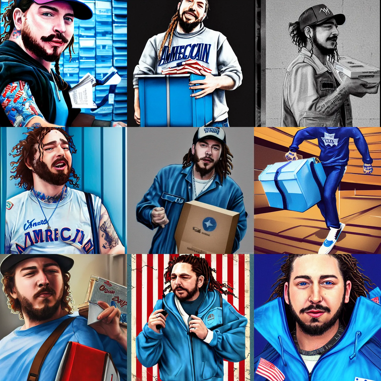 Prompt: a closeup photorealistic illustration of post malone delivering mail as american mail carrier with blue bag. fine detail. this 4 k hd image is trending on artstation, featured on behance, well - rendered, extra crisp, features intricate detail, epic composition and the style of unreal engine.