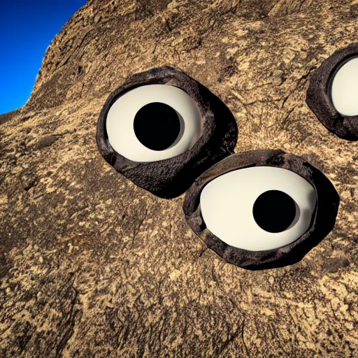 Prompt: Photograph of two rocks with a pair googly eyes at edge of a mountain in a savana