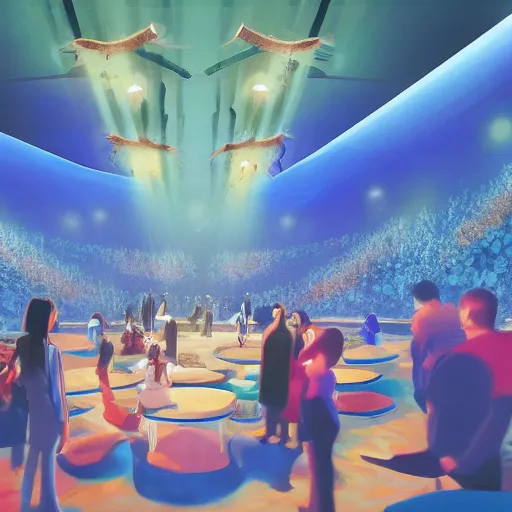 Image similar to cartoon, a lot of people communicating with each other in groups of ten, a large hall, dim painterly lighting volumetric aquatics