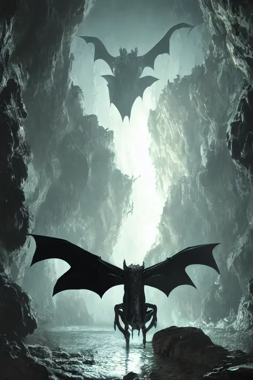 Prompt: giant bat in a limestone cave with small water puddles on the ground, lovecraftian creature, dynamic lighting, volumetric, bokeh, cinematic, establishing shot, extremly high detail, photo realistic, cinematic lighting, post processed, concept art, artstation, matte painting, style by eddie mendoza, raphael lacoste, alex ross