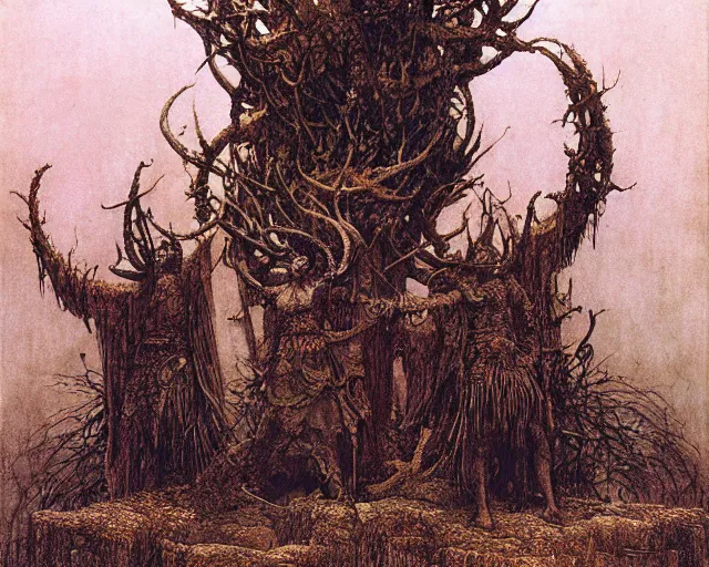Prompt: Ancient cultic ritual totem made of horns and thorns by Beksinski, Arthur Rackham, Eugene de Blaas, Dariusz Zawadzki, Wayne Barlowe