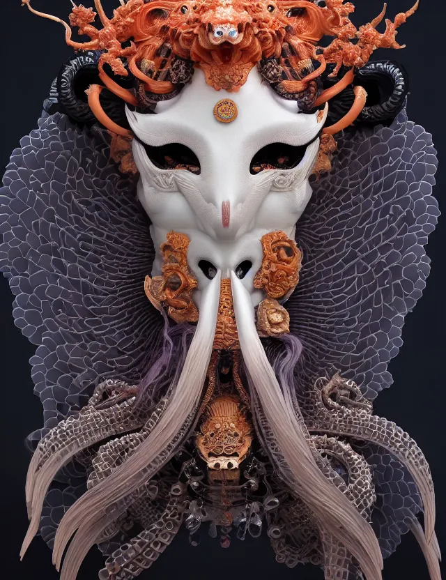 Image similar to 3 d goddess of hell close - up profile portrait with ram skull. beautiful intricately detailed japanese crow kitsune mask and clasical japanese kimono. betta fish, jellyfish phoenix, bio luminescent, plasma, ice, water, wind, creature, artwork by tooth wu and wlop and beeple and greg rutkowski