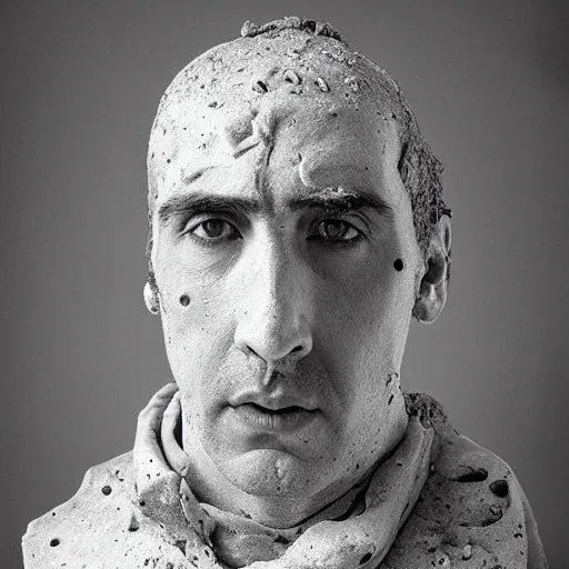 Image similar to Award-winning photograph by Chema Madoz. The photo depicts a decaying roman bust of Nicolas Cage at the bottom of the sea. Black and white, minimalism, high definition, perfect composition. Deep sea picture. Very dark. Volumetric lighting. Fisch.