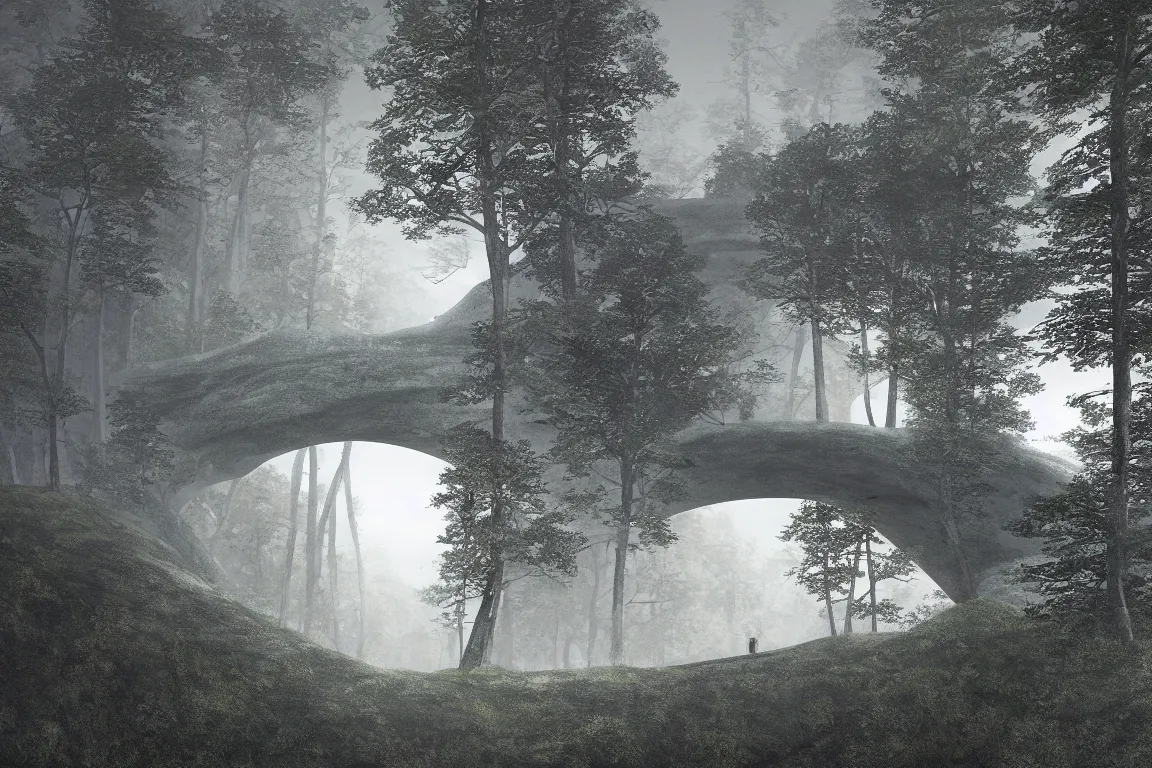 Prompt: A beautiful matte drawing of a ellipse-shaped building with rounded windows, standing on a large cliff near a coniferous forest. A thin stone bridge goes over the cliff. View from afar, fog, 8k, 16k, architectue, Alvaro Siza, herzog de meuron, architecture photo, high details, futuristic