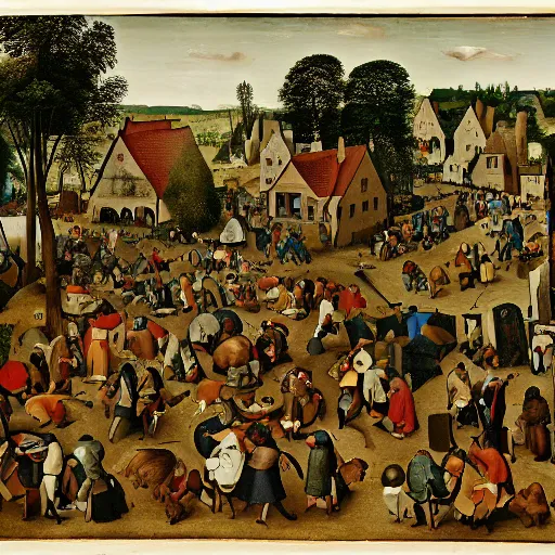 Image similar to the busy world of richard scary in the style of pieter bruegel the elder