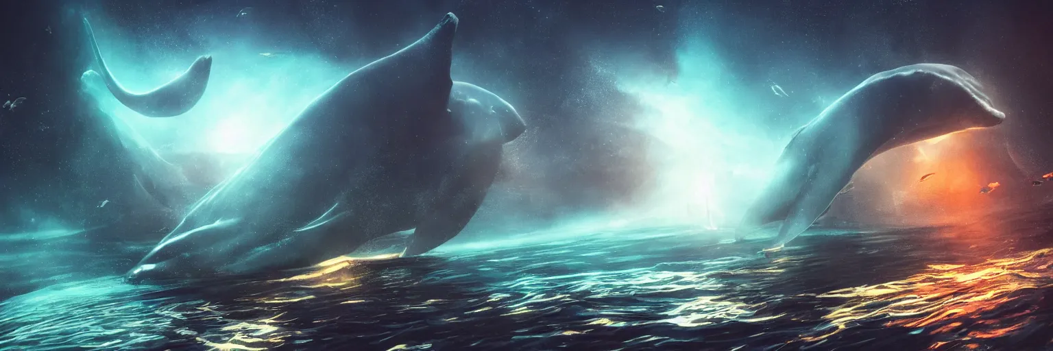 Prompt: under the ocean, fish with a glowing shadow of a giant whale, galaxy, hyper realistic, epic lighting, cyberpunk, wide angle lens