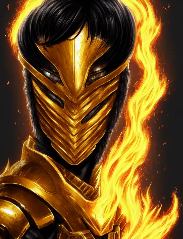 Image similar to a detailed manga portrait of a black haired man with hazel eyes in gleaming golden armour that burns with golden fire, trending on artstation, digital art, 4 k resolution, detailed, high quality, sharp focus, hq artwork, coherent, insane detail, character portrait