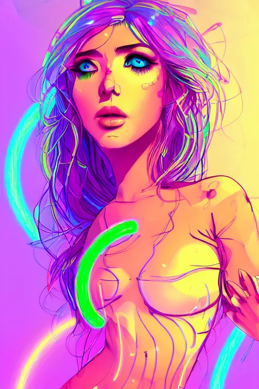 Image similar to a award winning portrait of a beautiful woman with stunning eyes in a one off shoulder crop top and cargo pants with rainbow colored hair, outlined by whirling illuminated neon lines and fine lines swirling in circles by greg tocchini, digital art, trending on artstation