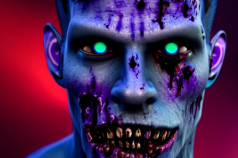 Prompt: dark zombified violet human with highly detailed blue and red jewels laid in his skin. neutral facial expression, no blood. head and shoulders'shot. dark background is an organic rainforest. digital art. 4 k octane render.