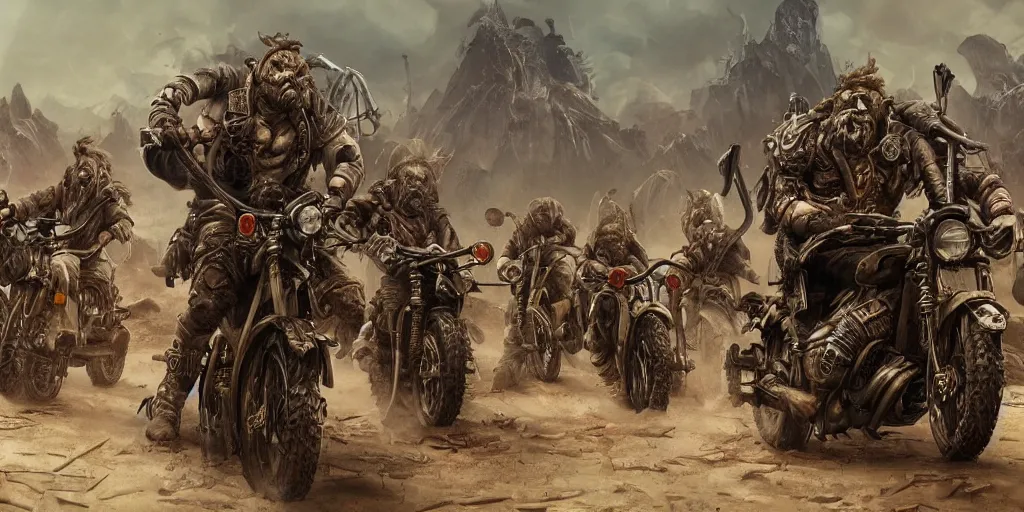 Prompt: psychedelic post apocalyptic orcish biker gang, incredibly detailed, sharp focus, artstation, cgsociety