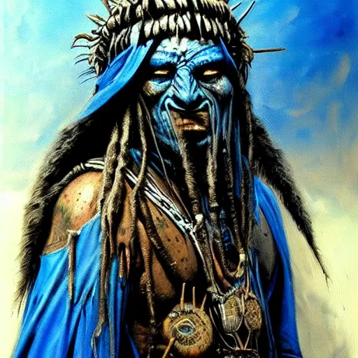 Prompt: art by simon bisley, primitive shaman warrior, atmospheric lighting, painted, intricate, blue and grey hour, ultra detailed