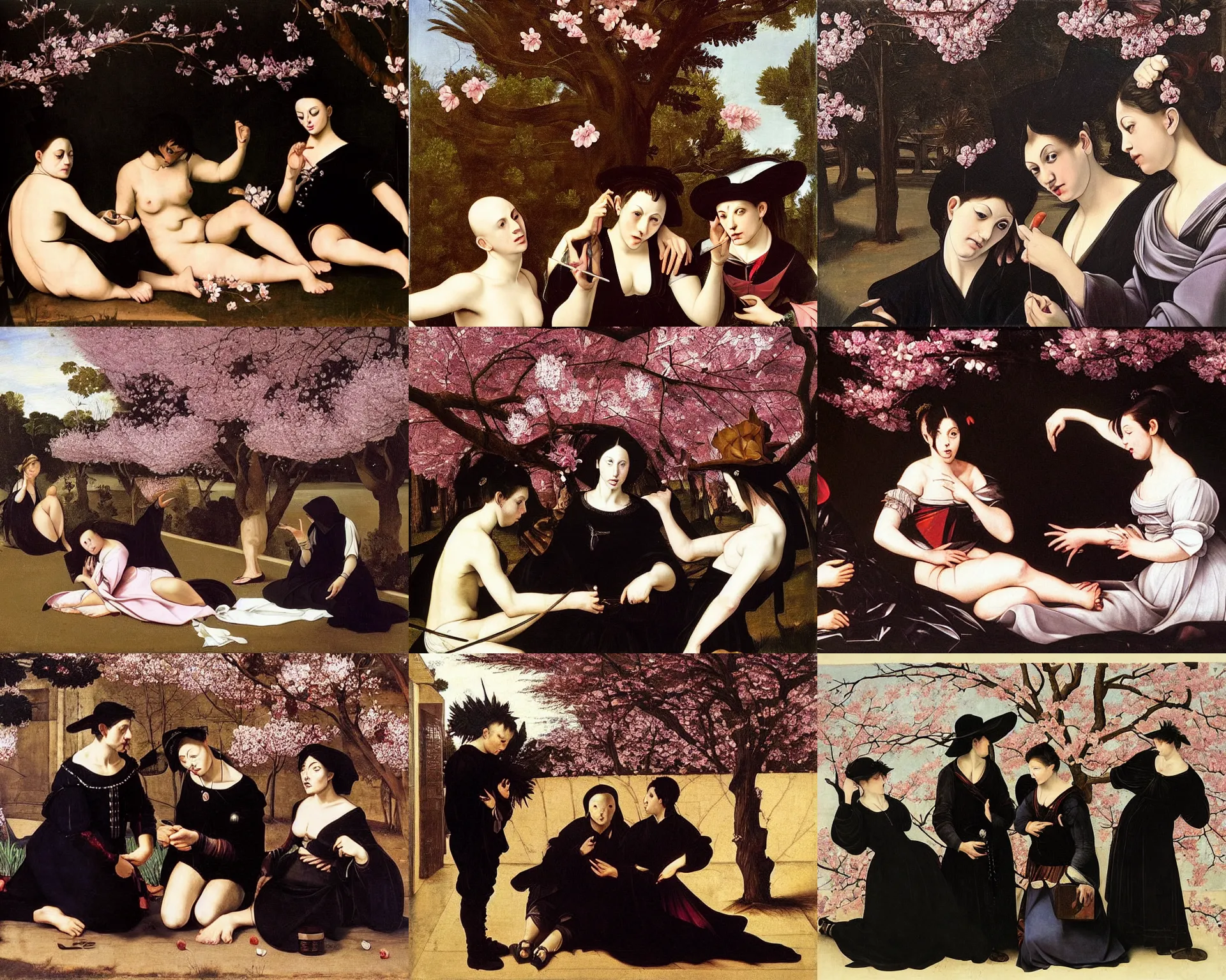 Prompt: art by caravaggio. three goths loitering in the shade, talking beneath a cherry blossom outside a blockbuster video store.