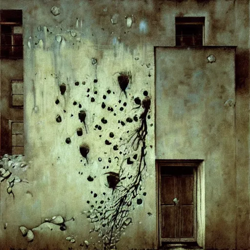 Prompt: graffiti done by zdzislaw beksinski, graffiti on the walls, rain stains, patterns