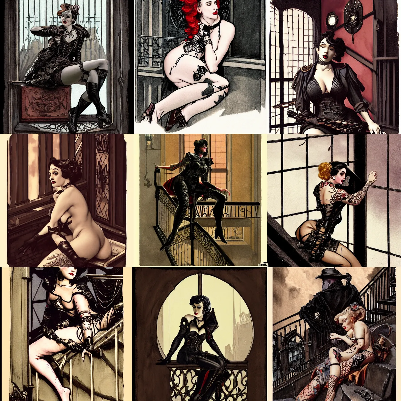 Prompt: character portrait of armored tattooed pinup sitting down on a fire escape drinking blood in gothic london, gothic, john singer sargent, muted colors, moody colors, illustration, digital illustration, amazing values, art by j. c. leyendecker, joseph christian leyendecker, william - adolphe bouguerea, graphic style, dramatic lighting, gothic lighting
