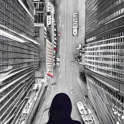 Image similar to woman, city, looking down, street top view, photoshop, photo manipulation, digital art