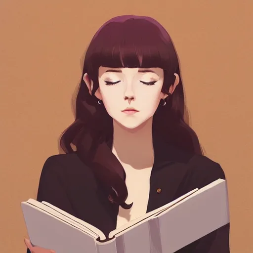 Image similar to portrait by ilya kuvshinov of a beautiful girl reading a book, slight smile, symmetrical face, trending on pixiv, fhd, detailed, subdued color palette