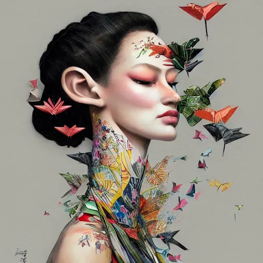 Image similar to 3 / 4 view of a beautiful girl wearing an origami dress, elegant, by esao andrews, by eiko ishioka, givenchy, by peter mohrbacher, centered, floral ornamentic, detailed beautiful face, high depth of field, origami, detailed fashion illustration, vogue, japanese, reallusion character creator