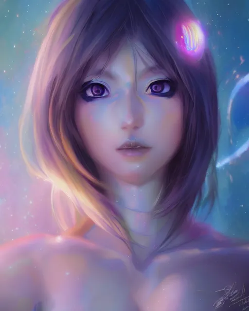 Image similar to A realistic anime portrait of a beautiful cosmic woman with glowing blue eyes and skin made of universes wearing clothes made of galaxies, digital painting, by Stanley Artgerm Lau, Sakimichan, WLOP and Rossdraws, digtial painting, trending on ArtStation, SFW version