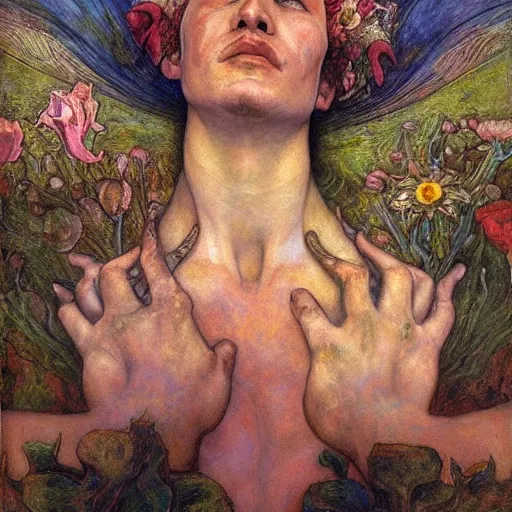 Prompt: the flower prince is dying, by Annie Swynnerton and Diego Rivera and Elihu Vedder, symbolist, dramatic lighting, elaborate geometric ornament, Art Brut, soft cool colors,smooth, sharp focus, extremely detailed, Adolf Wölfli and Donato Giancola