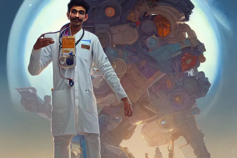 Image similar to Exhausted good looking pale young Indian doctors wearing jeans in a space station above Earth performing surgery, portrait, elegant, intricate, retrofuturistic digital painting, artstation, concept art, smooth, sharp focus, illustration, art by artgerm and greg rutkowski and alphonse mucha