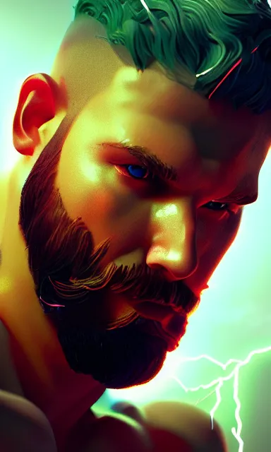 Image similar to the god zeus, lightning, concept art, sharp focus, portrait, colorful, cinematic lighting, unreal engine, trending on artstation, by emylie boivin, kyle herring, guillem h. pongiluppi and krzysztof porchowski jr