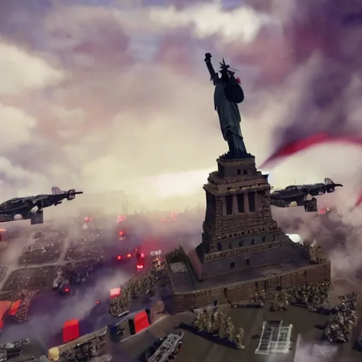 Image similar to The war between the Soviet Union and America, the action takes place in New York, far away against the background of the Statue of Liberty, a lot of soldiers and military equipment, a lot of explosions and tracer bullets, a lot of ruins, a very epic battle, The style of photography of the 80s, very detailed and detailed style