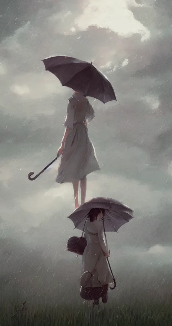 Image similar to Holding an umbrella in a thunderstorm in the prairie, pretty, by Studio Ghibli and Greg Rutkowski, artstation