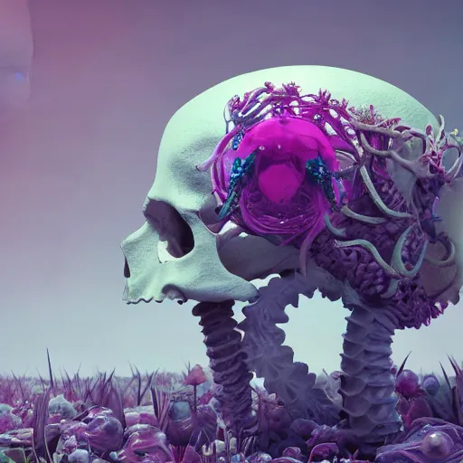 Prompt: a human Skull mutating into flowers, tentacles, unnatural shapes, jellyfish, insect, octane render, 3d digital art by beeple, unreal engine 5, award winning,