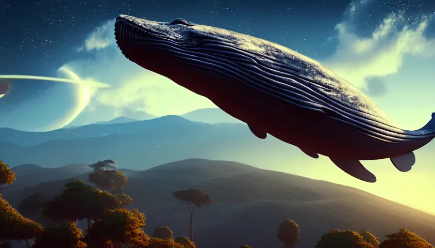 Image similar to highly detailed cinematic scifi render of a flying whale over the tuscany skies, cypresses and hills, stars and planets, hyper detailed, digital art, cinematic lighting, studio quality, smooth render, unreal engine 5, octane render, trending on artstaion.