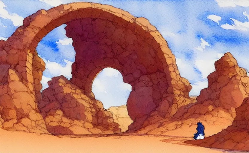 Prompt: a hyperrealist watercolour concept art of a desert day. through a large rock arch is a time portal to an orange sunset sky. a medieval monk in grey robes is walking through the rock arch. by rebecca guay, michael kaluta, charles vess and jean moebius giraud. high detail, hq, wide shot