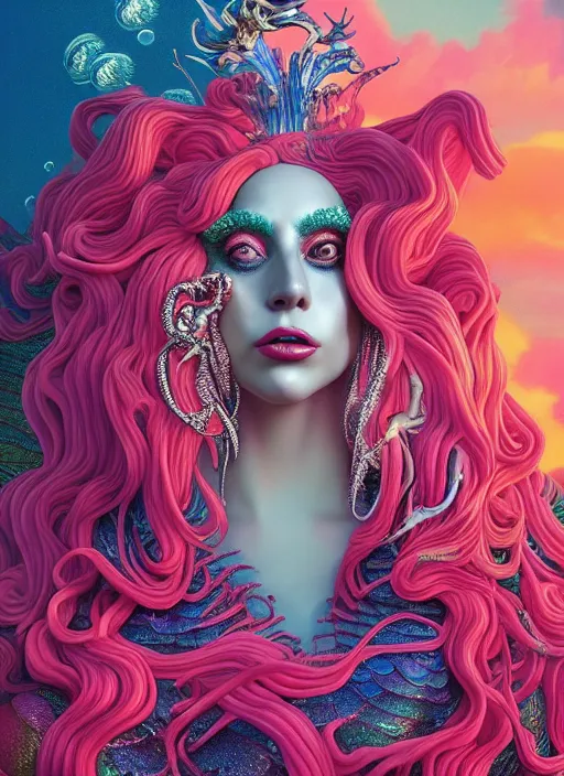 Image similar to lady gaga mermaid, deep ocean : : by martine johanna and simon stalenhag and chie yoshii and casey weldon and wlop : : ornate, dynamic, particulate, rich colors, intricate, elegant, highly detailed, vogue, harper's bazaar art, fashion magazine, smooth, sharp focus, 8 k, octane render,