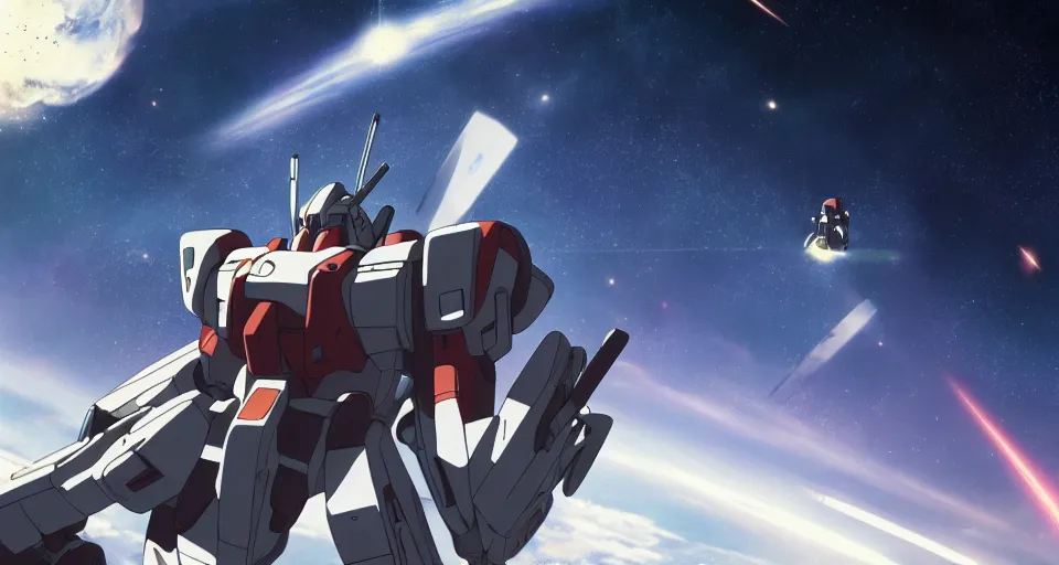 Image similar to RX-78-2 in the science fiction anime series gundam by makoto shinkai, flying through space, beautiful, interstellar, cinematic, shooting star, gundam