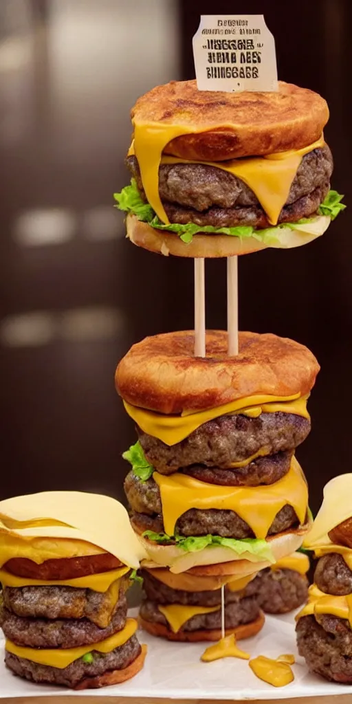 Image similar to a cheeseburger tower made of gigantic stacks of meat patties and cheese slices with a bun on each side, delicious looking burger - stack - tower