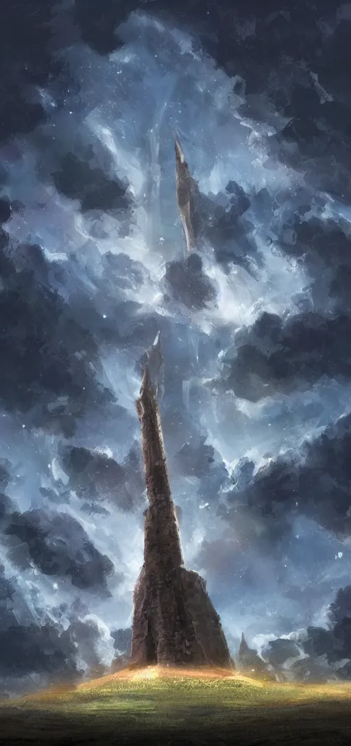 Prompt: Ancient Spire at the heart of the astral plain. beautiful clouds. dramatic lighting. starfield in the background. detailed digital painting. concept art.