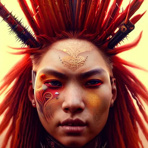 Prompt: portrait painting of a cyberpunk maori street samurai with spiky red hair, ultra realistic, concept art, intricate details, eerie, highly detailed, photorealistic, octane render, 8 k, unreal engine. art by artgerm and greg rutkowski and charlie bowater and magali villeneuve and alphonse mucha