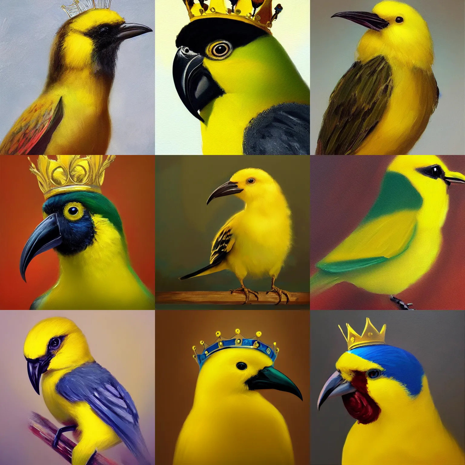 Prompt: a king yellow bird wearing a crown, royal, artstation, very beautiful, oil painting, high quality