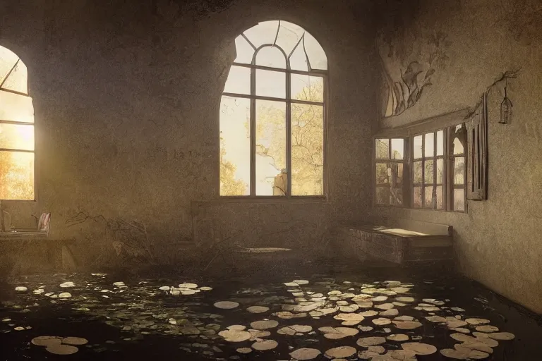 Prompt: the interior of an old abandoned house, a small pond with koi fish in the center of the house. golden rays of sunlight enter through the window., digital art, trending on artstation, matte painting, concept art, drawn by greg rutkowski, inspired by johannes vermeer, cold colors