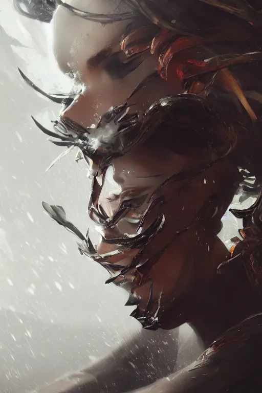 Image similar to powerfull and fierce ninja, close - up portrait, fierce, intricate, elegant, volumetric lighting, scenery, digital painting, highly detailed, artstation, sharp focus, illustration, concept art, ruan jia, steve mccurry