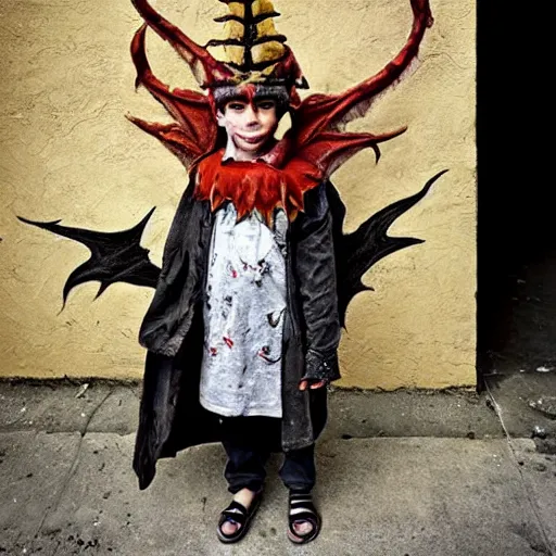 Image similar to The street art features a young boy disguised as a dragon. The boy is shown wearing a costume with dragon-like features, including a long tail, wings, and horns. He has a large grin on his face, suggesting that he is enjoying his disguise. by Scarlett Hooft Graafland robust