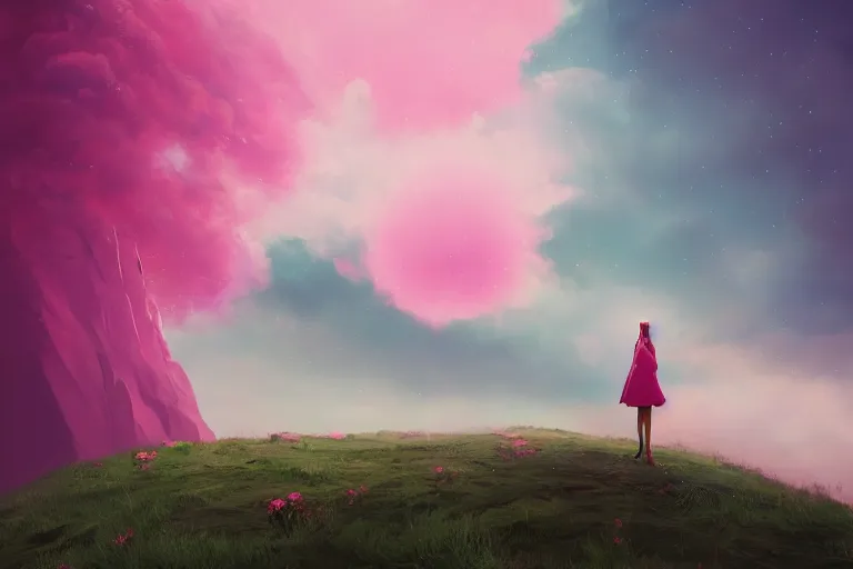 Prompt: giant pink flower as a head, girl standing on mountain, surreal photography, stars, dramatic light, impressionist painting, storm clouds, digital painting, artstation, simon stalenhag