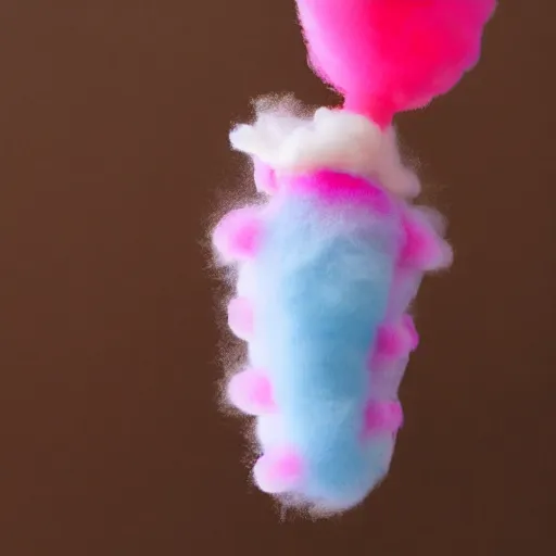 Prompt: photo of a cute caterpillar made of cotton candy that looks like a cute clown